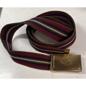 Vintage Gold Tone Izod Lacoste Buckle W/ Multi Colored Cloth Belt 35”